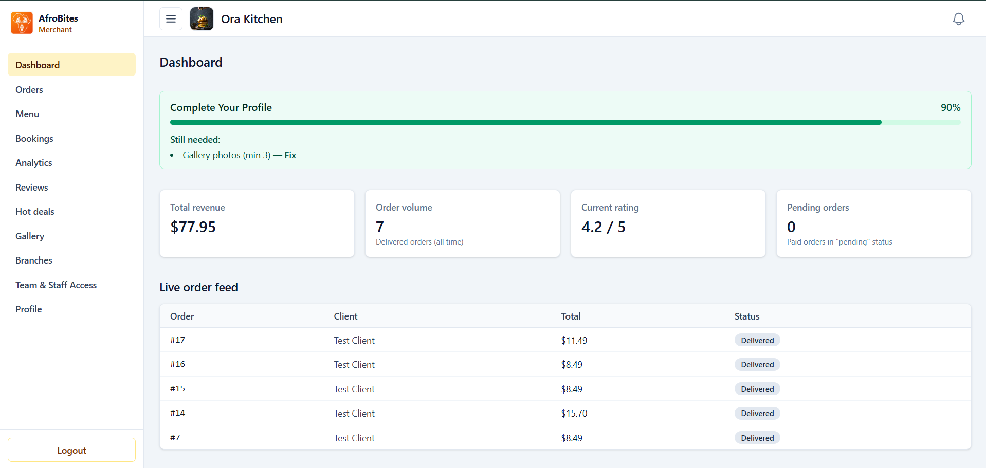 AfroBites merchant dashboard